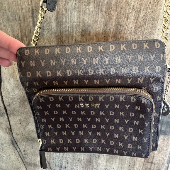 DKNY Dark Brown Monogram Shoulder Bag, chain strap - Picture 13 of 14